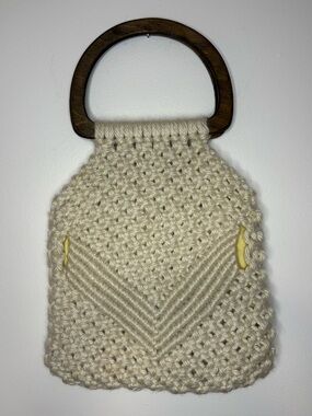 Vintage 70’s Boho Macrame Wooden Handle Handbag Retro Hippie